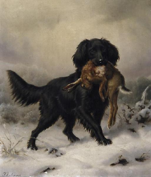 Johannes Deiker Schwarzer Setter apportiert Hasen in winterlicher Landschaft oil painting image